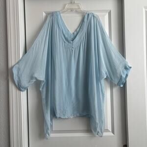 Made in Italy Sheer Tunic Blouse Top OS Light Blue Oversized V-Neck Ethereal
